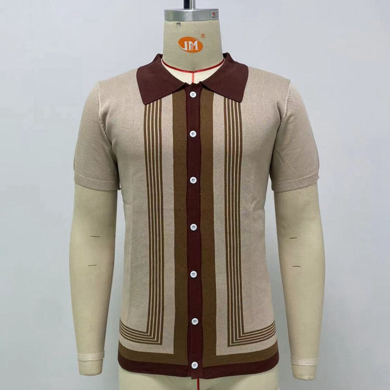 Men&#39;s Knitted Polo Shirts Summer Striped Slim-Fit Cardigan Sweater Men Short Sleeve Single Breasted Turn-down Collar Polo Shirts