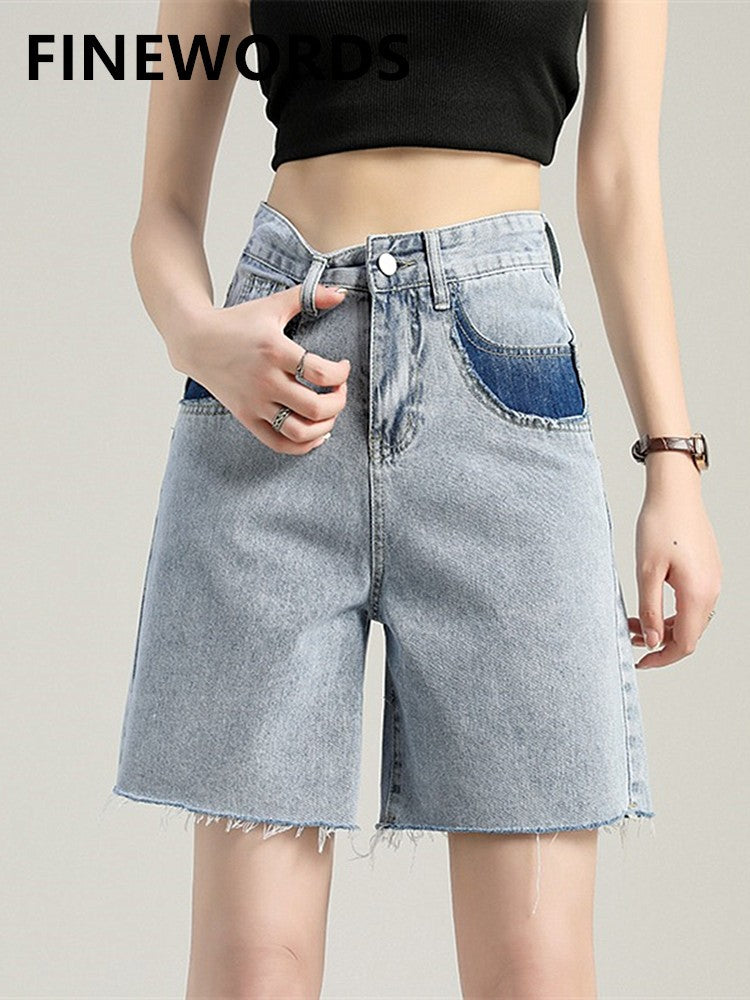 FINEWORDS Vintage Blue Straight Shorts Jeans Loose Casual Korean Jeans Shorts High Waist Tassel Middle Denim Shorts For Women