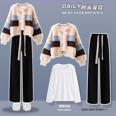 Autumn and Winter 2022 New Korean Three Piece Fashion Age Reducing Sweater Loose Casual Wide Leg Pants Women&#39;s Set