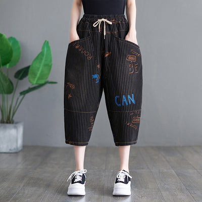 Aricaca M-2XL Women Elastic Waist Loose Jeans High Quality Printed Cotton Denim Calf-length Pants