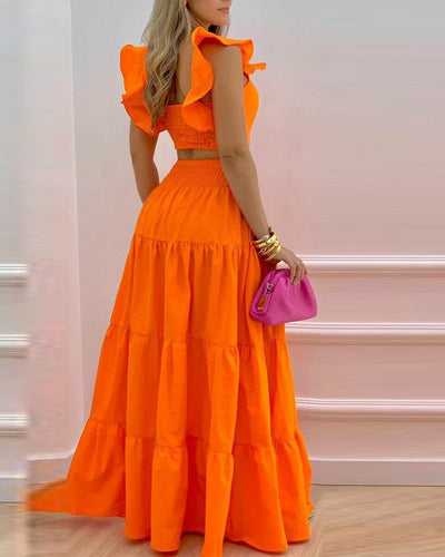 Women's Skirt Set Ruffle Lace Suspender Pleated Back Navel Revealing Top and Long Skirt Leisure Solid Color Two Piece Set