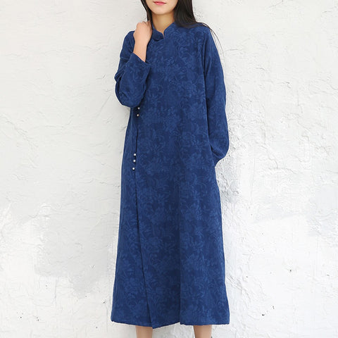 Women Chinese Style Dress 2021 Parkas Jacquard Long Sleeves Winter New Stand Vintage Robe Femme Warm Thick Women Vestidos 12350