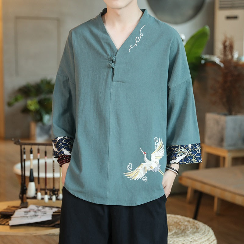 Summer Men Linen Shirt Chinese Style Retro Casual Tops Plus Size  Traditional Asian Clothes Tang Suit Tops for Man