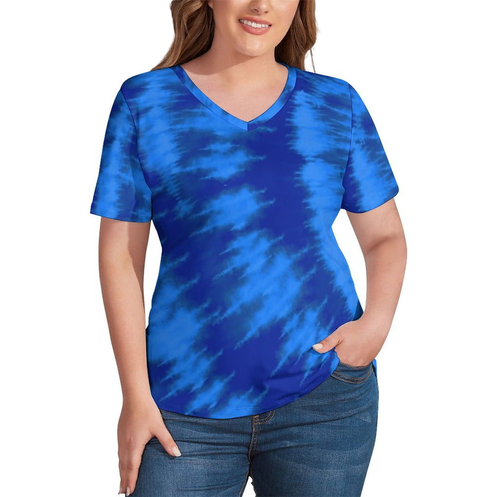 Retro Tie Dye 60S T-Shirts Blue Aqua Print Street Style V Neck T-Shirt Short Sleeves Trendy Plus Size Tee Shirt Graphic Clothes