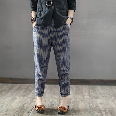 Summer New Elastic Waist Stitching Striped Flax Casual Pants 9-minute Trousers Straight Pants Women Ankle-Length Harem Pants