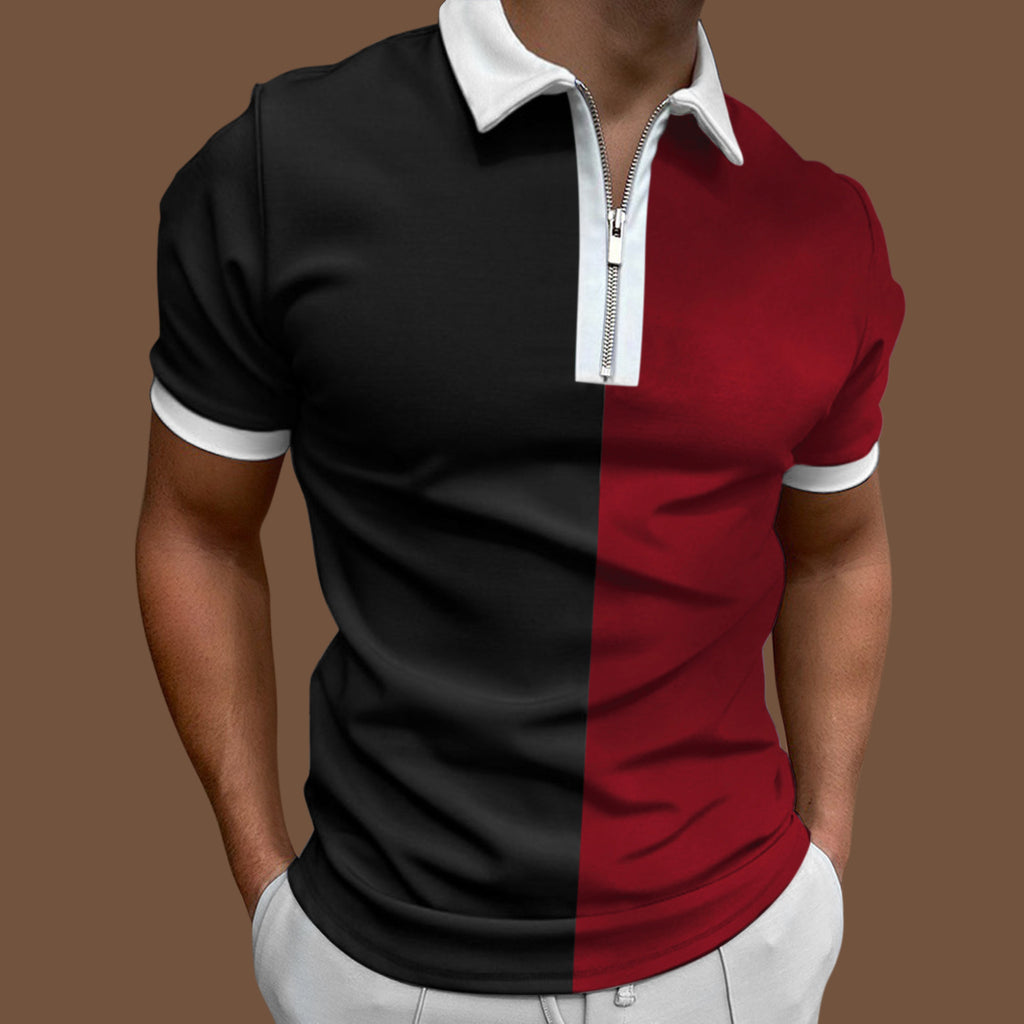 Male Summer Casual Print Zipper Turn Down Collar Blouse Short Sleeve Tops Shirt Bench Clothing Men