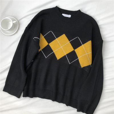Korean College Style Winter Geometric Pattern Argyle Loose Pullovers Tops Woman Oversized O-Neck Knitted Sweaters Casual Jumper