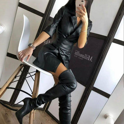 Autumn Winter PU Leather Blazer Jacket Fashion Turn-down Collar Long Sleeve Ladies Dress Casual Jacket with Belt Blazer Dress