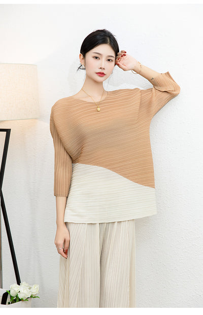 Pleated T shirt spring and summer new women&#39;s Korean temperament round collar long sleeve T shirt