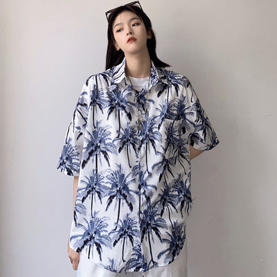 Korean Style Loose Shirt 2021 Summer Men and Women Blouse Large Size Half-sleeve Beach Style Printed Top Harajuku Streetwear