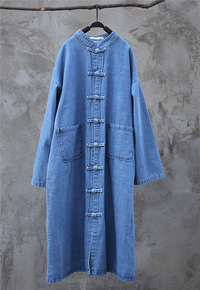 Women Loose Retro Chinese Style Denim Coat Female Long Trench Coat Outerwear Retro 2021 Spring Long Denim Coat