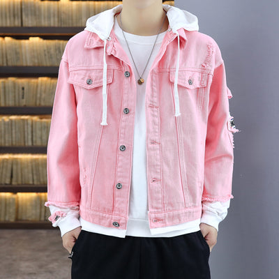 Men Autumn Hooded Men Jean Jackets Pink Cotton Holes Denim Coats Streetwear Clothing Outwear
