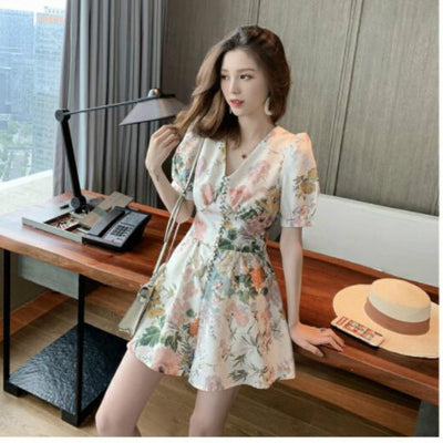 2021 New design women&#39;s v-neck short sleeve print floral high waist slim waist wide leg shorts jumpsuit rompers SMLXL