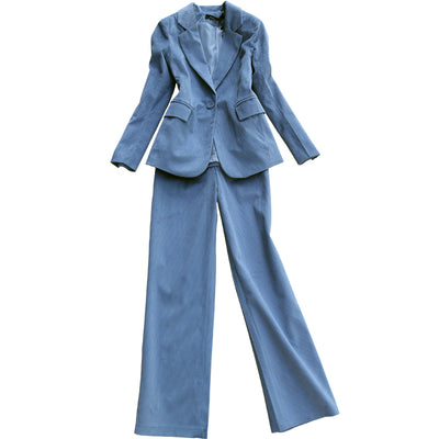 Retro Elegant Office Lady Corduroy Clothing Set High Quality Corduroy Suit Blazer and Wide Leg Pants One Set