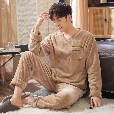 Autumn Winter Men Flannel Pajamas Set V-Neck Hedging Pajamas Sleepwear Thick Coral Fleece Keep Warm Pyjamas Male Home Clothing