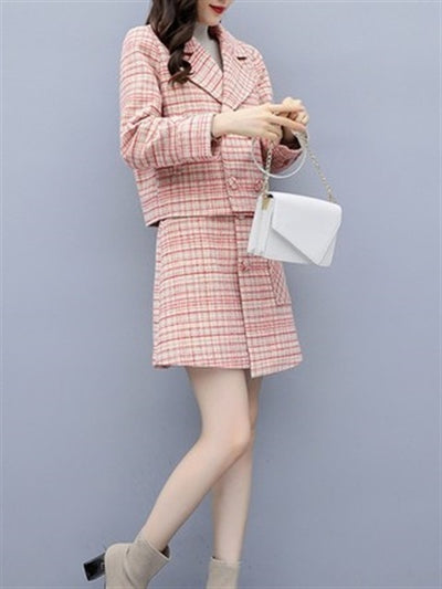 Suits Women Autumn Winter Elegant Vintage Plaid Blazer Coat Tops and Pink Mini Skirt 2 Two Piece Set Ladies Clothes