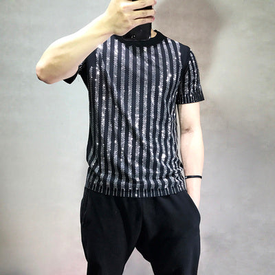 Freeship mens rhinestone stripe short sleeve black fashion T shirt/party/stage/bling style
