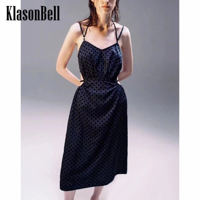 4.15 KlasonBell Halter Suspender Vintage Print Hollow Out Backless Sexy Dress Women