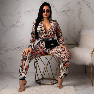 AHVIT Fashion Colorful Leopard Printing Casual Women Jumpsuits Front Zip Long Sleeve Turtle Neck High Waist Skinny Romper 5313