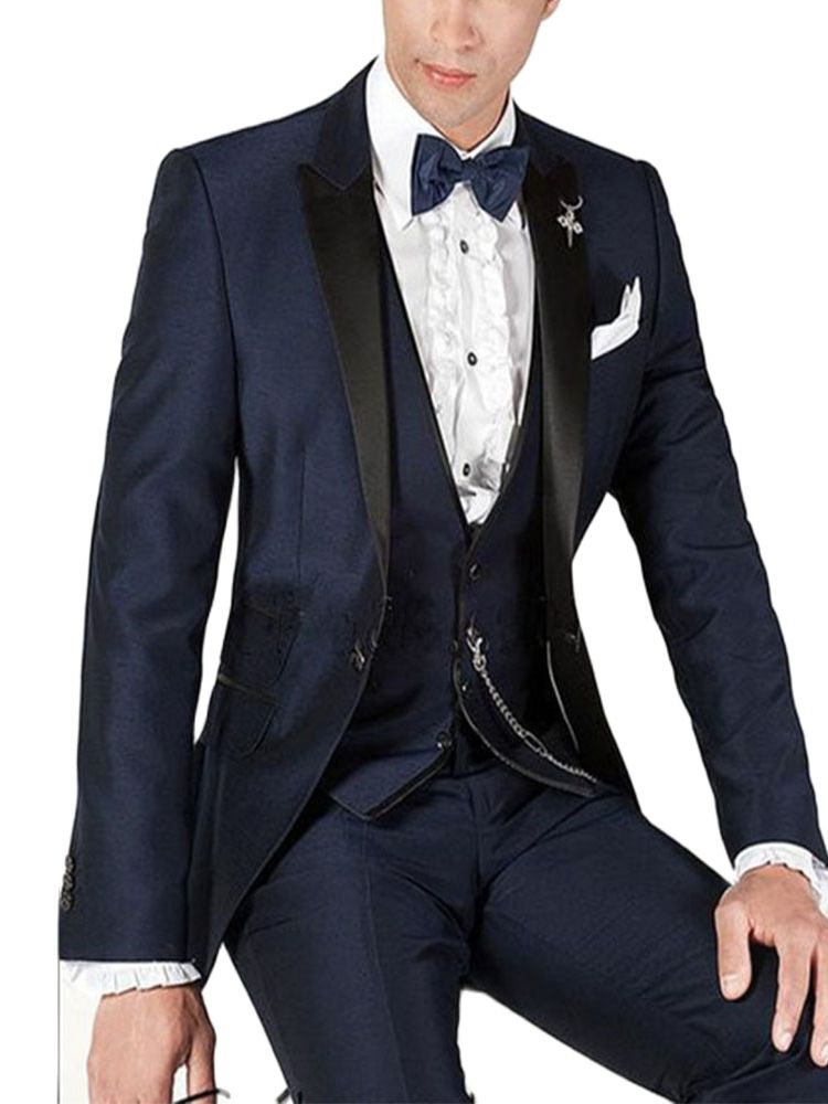 Dark Blue Groom Tuxedos Bridegroom Men Suits For Wedding Slim Fit Tailoring 3Pieces Blazer Trousers Party Wear Jacket+Pants+Vest