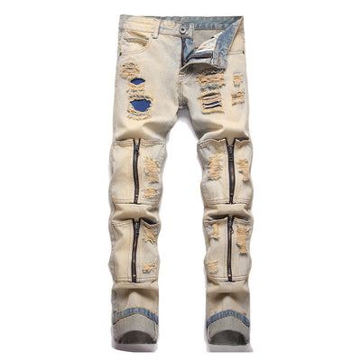 Vintage Hi Street Ripped Pleated Jean Pants Washed Streetwear Zipper Pockets Harajuku Denim Trousers For Male Patchwork