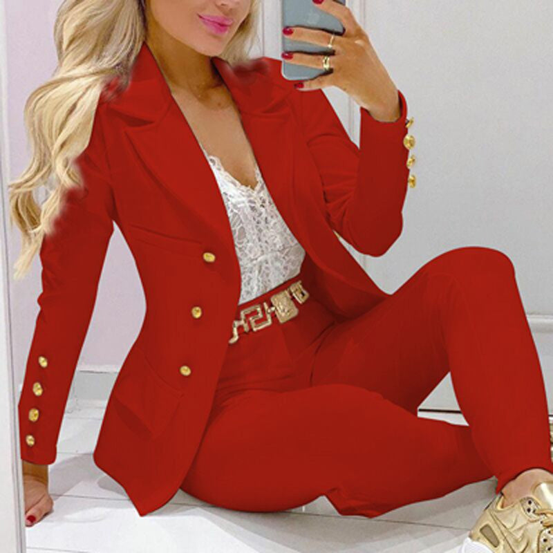 Elegant Women Solid Two Piece Suit Simple Office Lady Spring Turndown Collar Top Long Pant Suit Autumn Long Sleeve Matching Set
