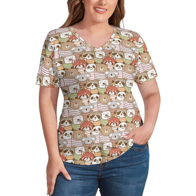 Panda Bears Print T-Shirts Cute Animal V Neck T Shirt Short Sleeve Women Trendy Tee Shirt Summer Print Clothes Plus Size 3XL 4XL