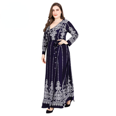Retro French Knitting Printing Plus Size Dress Luxury Long Sleeve V Neck Elegant Dress Women Wedding Party Clothing Ropa Mujer
