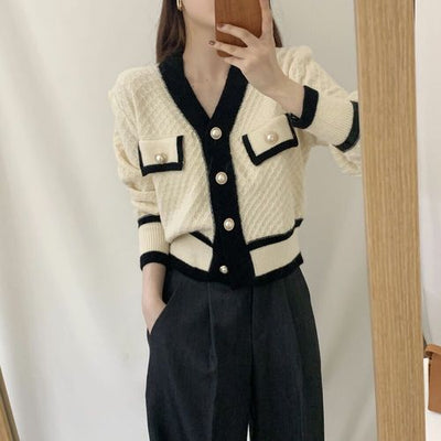 Korejpaa French Elegant Long Sleeve Cardigan Women Single Breasted Knitted Sweater Knitwear Autumn New Color Contrast V Neck Top