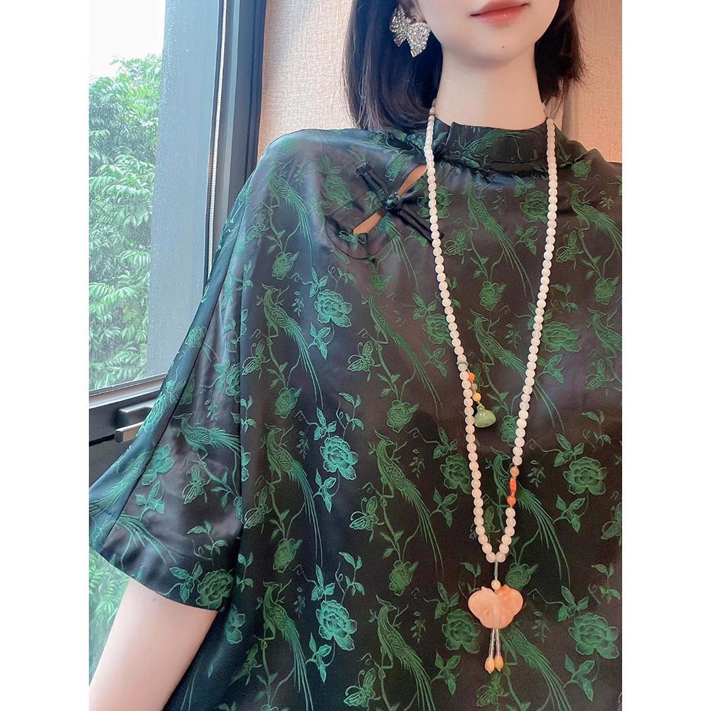 2022 new chinese style cheongsam button blouse stand collar women blouse with loose half sleeves dark green elegant blouse g746