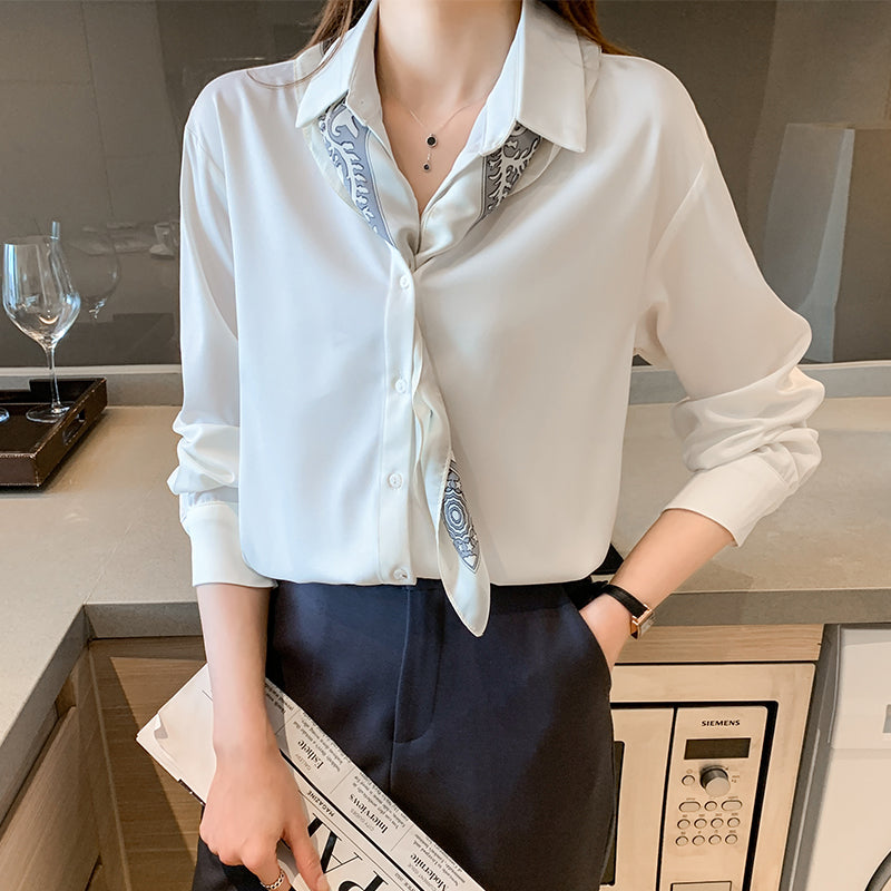 Chic satin women shirt autumn elegant long sleeve lapel collar solid white office ladies work wear blouse with Square scarf 2021