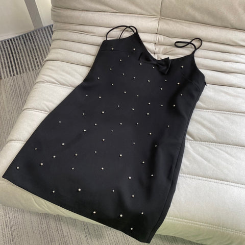 4.14 KlasonBell Temperament Sexy Backless Rhinestone Bow Suspender Black Mini Dress Women