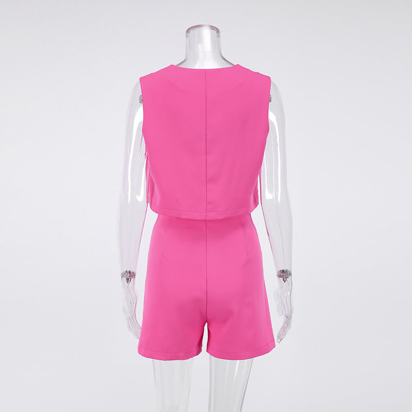 Clothland Women Chic Sleeveless Vest Shorts Suit Pink Single Breasted Crop Top Pockets Mini Shorts Summer Two Piece Set TZ533