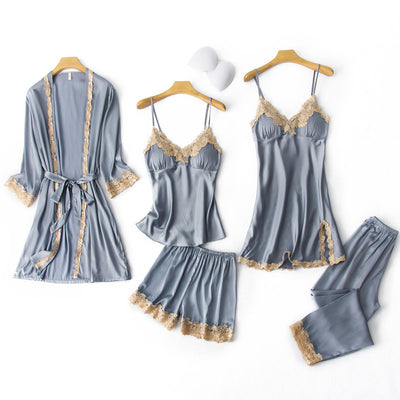 Nighties Gown Set Women 5PCS Nightshirts V-Neck Cami Pajamas Sleepwear Sleep Bathrobe Lady Wear Home Suit Nightgown Spring Robe