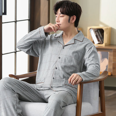 Men's Full Pure Cotton Big Yards XXXL Pajamas Set Long-Sleeve Tops Trousers Gray Plaid Men Pyjamas Home Wear Pijama Hombre