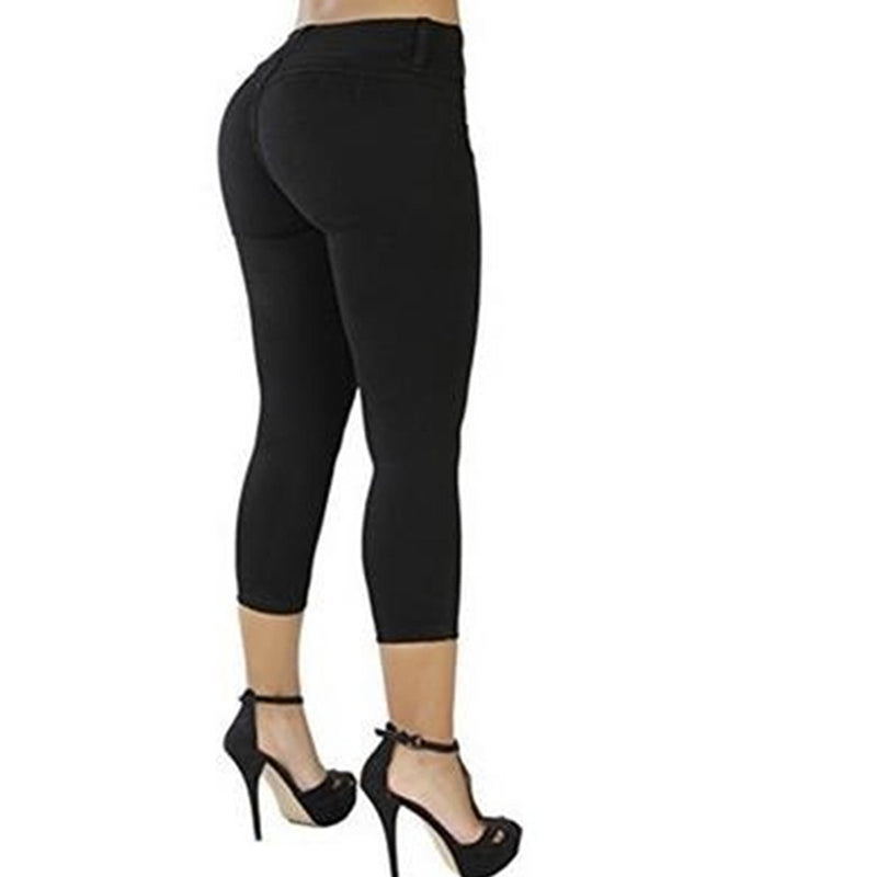 2022 Women Sexy Casual Cropped Pants Solid Color Button  Waist Slim Trousers Breathable Elastic Pencil Pants
