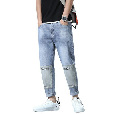 Spring and Autumn Men&#39;s Casual Brand Elasticity Simplicity fashion Splicing printing Harlan Jeans Trendy Light blue Straight