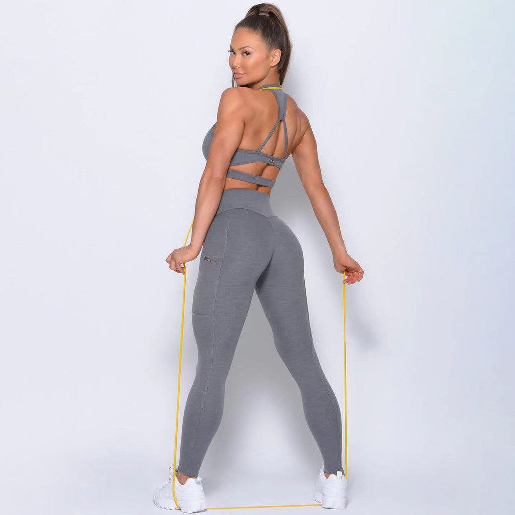 HGC Yoga Set Gym Women Sportwear Naked-feel Fabric Soft Fitness Suit Pocket Sport Leggings And Top Push-up Sexy Workout Clothes