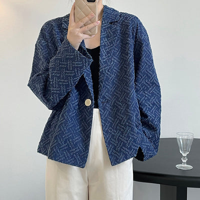 Women's One Button Oversized Tweed Denim Blue Coat Women's Casual Thin Long Sleeve Blazer