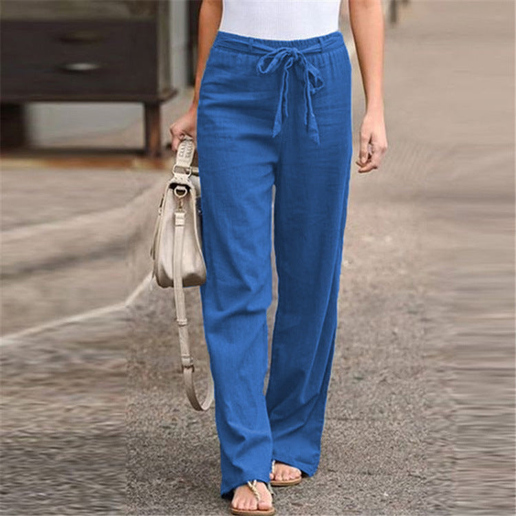 2021 new women&#39;s summer European and American elastic waist solid color cotton and linen belt wide-leg pants loose trousers