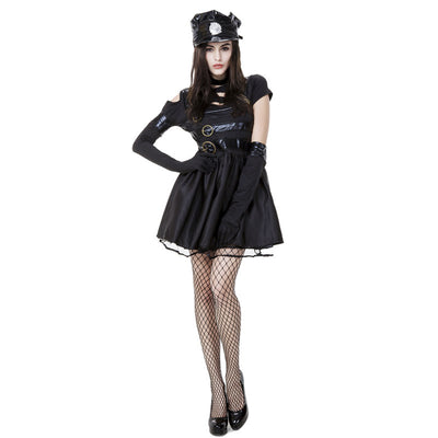 Adult Women Gothic Sexy Officer Cops Costume Dark Black Sexy Mini Dress Playful Temptation Uniform For Girls Plus Size