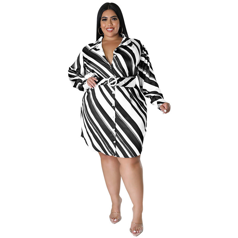 Plus Size Women&#39;s Dress Elegant Stripe 2022 Dress Women&#39;s Fashion Dress Lapel Button Shirt Skirt with Belt Wholesale Dropshippi