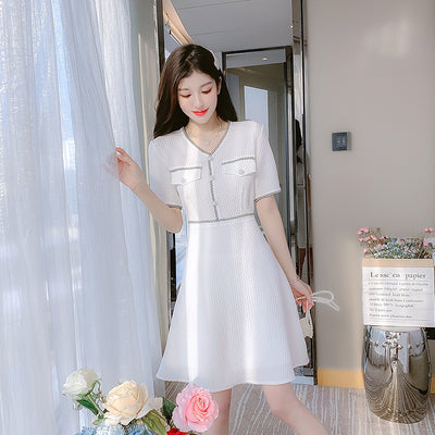 Runway Summer Korean Luxury Slim Fit Elegant White First Love Women Short Sleeve V-Neck Simple Fairy Dress Female Vestidos