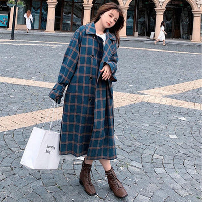 Plaid Windbreaker Women's Middle Long 2021 New Spring and Autumn Korean Loose Thin Over Knee Temperament Coat Fashion Coat