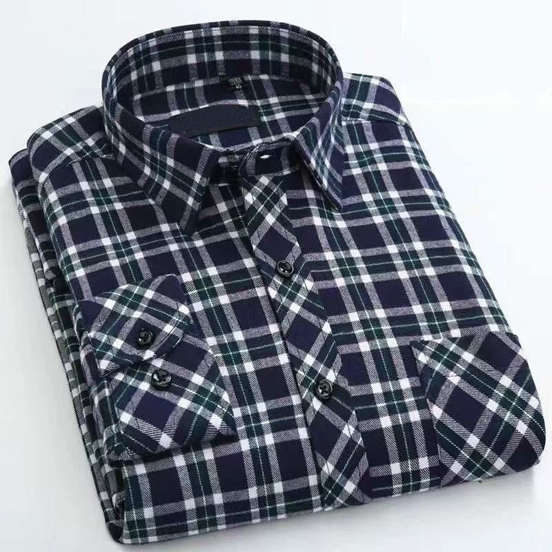 Autumn And Winter Men&#39;s Plaid Cotton Shirt Turn Down Collar Button Long Sleeve Business Casual Loose Plaid Shirt