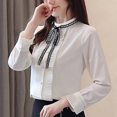 Autumn 2022 New Fashion Casual Long Sleeved White Chiffon Shirt Elegant Slim Korean Solid Color Office Lady Blouses Tops