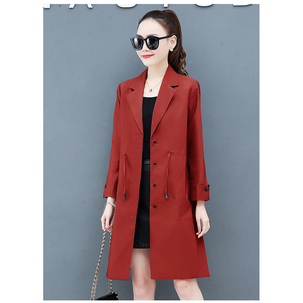 Plus size windbreaker women long section version loose waist tie fashion suit collar single-breasted solid trench coat D338