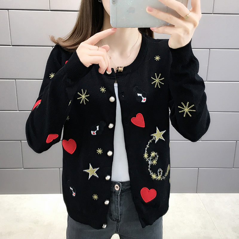 Spring Autumn O Neck Embroidery Knitted Cardigan Women Soft Full Sleeve Knitwear Women&#39;s Sweater Coat