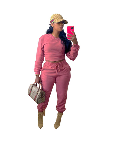 VT2182 Women's casual two-piece spring and autumn fashion  commuter solid color long-sleeved round neck trousers suit women