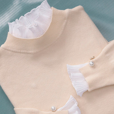 Fake Two-Pieces Knitted Thin Women Sweater Korean Fashion Solid Color Autumn Clothes Office Lady Long Sleeve Pullover